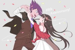 Rule 34 | 1boy, 1girl, alternate hairstyle, anniversary, arm up, bad arm, bad proportions, bare shoulders, black hair, blush, brown hair, brown pants, brown vest, commentary, confetti, danganronpa (series), danganronpa 10th anniversary costume, danganronpa v3: killing harmony, eye contact, facial hair, flower, goatee, grey background, hair flower, hair ornament, harukawa maki, hetero, holding hands, jacket, jacket on shoulders, long hair, long sleeves, looking at another, mole, mole under eye, momota kaito, necktie, off-shoulder shirt, off shoulder, official alternate costume, open mouth, pants, purple eyes, purple hair, red flower, red shirt, shirt, skirt, smile, spiked hair, striped, symbol-only commentary, teeth, upper teeth only, vest, white shirt, yoshi taka (y 04taka)