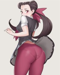 Rule 34 | 1girl, ass, black shirt, blouse, blush, brown hair, clothes lift, creatures (company), dress, dress lift, game freak, higher resolution available, highres, long hair, necktie, nintendo, panties, panties under pantyhose, pants, pantyhose, pink necktie, pink pantyhose, pokemon, pokemon oras, roxanne (pokemon), shirt, short sleeves, simple background, solo, standing, tenguro, tight clothes, tight pants, twintails, underwear, white shirt