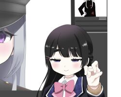 Rule 34 | 2girls, black hair, black jacket, blush, bow, bowtie, braid, closed mouth, commentary request, contortion, derivative work, flexible, grey hair, hair ornament, hairclip, half-closed eyes, half updo, hand up, hat, highres, higuchi kaede, higuchi kaede (8th costume), jacket, long hair, long sleeves, looking at viewer, miwa (misui7d), multiple girls, nijisanji, out of frame, peaked cap, pink bow, pink bowtie, purple eyes, raised eyebrows, screenshot redraw, smile, solo focus, split crop, thick eyebrows, tsukino mito, tsukino mito (1st costume), virtual youtuber