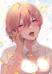 Rule 34 | 1girl, absurdres, ahegao, blonde hair, blue eyes, blush, breasts, bubble, cleavage, collarbone, collared shirt, eargasm, earrings, go-toubun no hanayome, hair between eyes, hand on another&#039;s ear, headpat, heart, heart-shaped pupils, highres, holding another&#039;s wrist, jewelry, medium breasts, nakano ichika, nununu (nununu386), open mouth, pink nails, pov, pov hands, shirt, short hair, single earring, solo focus, symbol-shaped pupils, teeth, tongue, tongue out, uncommon stimulation, upper body, upper teeth only, white shirt