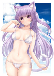Rule 34 | 1girl, absurdres, animal ear fluff, animal ears, arm up, bare arms, bare shoulders, bikini, bikini pull, breasts, cameltoe, cat ears, cat girl, cat tail, character request, clothes pull, cloud, cloudy sky, collarbone, cowboy shot, day, highres, indie virtual youtuber, light blush, light purple hair, long hair, looking at viewer, medium breasts, navel, out of frame, outdoors, outside border, parted lips, pink eyes, pulled by self, side-tie bikini bottom, sky, solo, standing, stomach, strap pull, string bikini, swimsuit, tail, tail hold, thigh gap, two side up, virtual youtuber, white bikini, yuzuki yuki (another yuki)