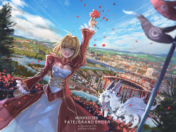 Rule 34 | 1girl, advarcher, artist name, blonde hair, blue sky, breasts, cleavage, cleavage cutout, clothing cutout, cloud, colosseum, dutch angle, fate/grand order, fate (series), fou (fate), frilled sleeves, frills, highres, juliet sleeves, long sleeves, nero claudius (fate), nero claudius (fate) (all), nero claudius (fate/extra), pale skin, petals, puffy sleeves, river, rose petals, scenery, sky, solo