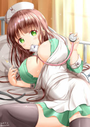 Rule 34 | 1girl, apron, bed, between breasts, blush, breasts, brown hair, brown thighhighs, closed mouth, commentary request, covered erect nipples, curtains, dress shirt, gochuumon wa usagi desu ka?, green eyes, green shirt, green skirt, hat, highres, holding, holding syringe, hospital bed, large breasts, long hair, long sleeves, lying, mouth hold, nurse cap, on bed, on side, open clothes, open shirt, shirt, skirt, smile, solo, sparkle, stethoscope, striped clothes, striped shirt, striped skirt, syringe, thighhighs, ujimatsu chiya, vertical-striped clothes, vertical-striped shirt, vertical-striped skirt, very long hair, white apron, white hat, xenon (for achieve)