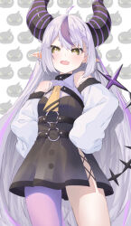 Rule 34 | 1girl, ahoge, ascot, azusa (azunyan12), bare shoulders, black dress, black horns, braid, braided bangs, crow (la+ darknesss), detached sleeves, dress, fang, grey hair, highres, hololive, horns, la+ darknesss, la+ darknesss (1st costume), looking at viewer, multicolored hair, o-ring, pantyhose, pinafore dress, pointy ears, purple hair, purple pantyhose, single leg pantyhose, skin fang, sleeveless, sleeveless dress, slit pupils, smile, solo, streaked hair, striped horns, virtual youtuber, yellow ascot, yellow eyes