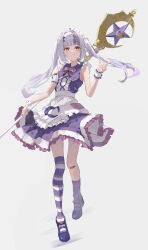 Rule 34 | 1girl, absurdres, apron, asymmetrical legwear, bandaid, bandaid on knee, bandaid on leg, blunt bangs, bow, bowtie, brooch, closed mouth, commentary, frilled apron, frills, full body, gradient hair, grey hair, highres, holding, holding staff, hololive, index finger raised, jewelry, kneehighs, long hair, looking at viewer, loose socks, magical girl, maid, maid headdress, mary janes, miniskirt, mismatched legwear, multicolored hair, murasaki shion, murasaki shion (magical girl maid), official alternate costume, official alternate hairstyle, over-kneehighs, pink bow, pink bowtie, pink hair, purple footwear, purple hair, purple shirt, purple skirt, purple socks, purple thighhighs, rikkusu, shirt, shoes, sidelocks, single kneehigh, single loose sock, single over-kneehigh, single sock, single thighhigh, skirt, skirt set, sleeveless, sleeveless shirt, smile, socks, solo, staff, star brooch, streaked hair, striped clothes, striped thighhighs, thighhighs, triangle hair ornament, twintails, uneven legwear, virtual youtuber, waist apron, white apron, wrist cuffs, yellow eyes