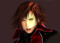 Rule 34 | 1990s (style), 1boy, blue eyes, crisis core final fantasy vii, earrings, final fantasy, final fantasy vii, genesis rhapsodos, jacket, jewelry, looking at viewer, male focus, red hair, red jacket, simple background, solo, upper body