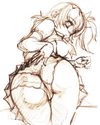 Rule 34 | 1girl, ass, bent over, breasts, clothes lift, female focus, hisahiko, looking back, lowres, medium breasts, monochrome, nipples, panties, shirt lift, sketch, skirt, skirt lift, solo, underwear, white background