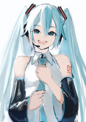 Rule 34 | 1girl, :d, absurdres, adjusting clothes, adjusting necktie, arm tattoo, black sleeves, blue eyes, blue hair, blue necktie, character name, collared shirt, detached sleeves, hair between eyes, hair ornament, hatsune miku, headset, highres, long hair, long sleeves, looking at viewer, microphone, necktie, open mouth, potetoneko, shirt, simple background, sleeveless, sleeveless shirt, smile, solo, tattoo, twintails, upper body, very long hair, vocaloid, white background, white shirt, wing collar