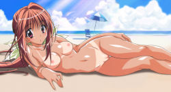 Rule 34 | 1girl, beach, blush, bow, breasts, cloud, day, hair bow, kakyuusei 2, long hair, lying, medium breasts, navel, nipples, nude, nude filter, on side, outdoors, pink hair, purple eyes, pussy, resized, saimon tamaki, sky, solo, tan, tanline, third-party edit, umbrella, uncensored, water