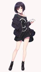 Rule 34 | 1girl, bare legs, bare shoulders, black collar, black footwear, black hair, black jacket, black nails, black shirt, black socks, cable, cellphone, closed mouth, collar, collarbone, drawstring, earphones, expressionless, full body, hand in pocket, head tilt, highres, holding, holding phone, hyuuga azuri, jacket, long shirt, long sleeves, looking at viewer, nail polish, off shoulder, open clothes, open jacket, original, phone, red eyes, shirt, shoes, short hair, simple background, smartphone, smiley face, sneakers, socks, solo, standing, thighs, white background