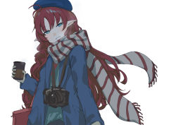 Rule 34 | 1girl, ahoge, alternate costume, arknights, beret, blue eyes, blue hat, blue jacket, blue shirt, blush, camera, camera around neck, commentary request, cup, ear piercing, fringe trim, gloves, grey gloves, grey scarf, hat, head tilt, highres, holding, holding cup, jacket, long hair, long sleeves, looking at viewer, myrtle (arknights), open clothes, open jacket, orlijiang, piercing, pointy ears, red hair, scarf, shirt, smile, solo, striped clothes, striped scarf, very long hair