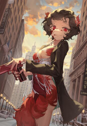 Rule 34 | 1girl, absurdres, black coat, black hair, blood, blood on face, blue sky, breasts, building, car, chang zhao xiao quan, city, cleavage, cloud, coat, cowboy shot, dress, evil grin, evil smile, facing viewer, feather dress, finger on trigger, frog hair ornament, from side, gradient sky, grin, gun, hair ornament, handgun, highres, holding, holding gun, holding weapon, jewelry, lamppost, looking to the side, medium breasts, motor vehicle, necklace, open clothes, open coat, red dress, red eyes, reverse:1999, road, schneider (reverse:1999), short hair, sky, smile, solo, street, teeth, turning head, weapon