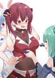 Rule 34 | 3girls, @ @, absurdres, animal ears, ascot, belt, blue dress, blush, bodysuit, bodysuit under clothes, breast envy, breasts, cleavage, commentary, covered navel, detached sleeves, dress, empty eyes, fidget spinner, hair ribbon, heterochromia, highres, hololive, houshou marine, large breasts, looking at another, multiple girls, open mouth, pleated skirt, rabbit ears, red ascot, red eyes, red hair, red skirt, red vest, restrained, ribbon, simple background, skirt, sleeveless, small breasts, twintails, uruha rushia, usada pekora, usada pekora (1st costume), vest, virtual youtuber, wavy mouth, white background, white dress, yellow eyes, zeppeki shoujo