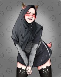 Rule 34 | 1girl, animal ears, black dress, blush, cat ears, cat tail, dress, female focus, hijab, simple background, tail, thighhighs