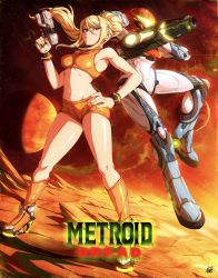 Rule 34 | 1girl, arm cannon, armor, blonde hair, blue eyes, breasts, fire, full body, glowing, gun, helmet, high heels, highres, kellzallday, large breasts, long hair, looking at viewer, metroid, metroid dread, mole, mole under mouth, navel, nintendo, ponytail, power armor, samus aran, science fiction, shorts, sidelocks, simple background, skin tight, solo, varia suit, visor, weapon