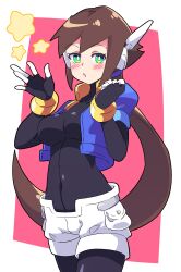 Rule 34 | 1girl, absurdres, aile (mega man zx), black bodysuit, blowing kiss, blush, bodysuit, breasts, brown hair, buzzlyears, cropped jacket, female focus, green eyes, heart, highres, jacket, large breasts, long hair, mega man (series), mega man zx, mega man zx advent, navel, open clothes, open jacket, ponytail, robot ears, shorts, smile