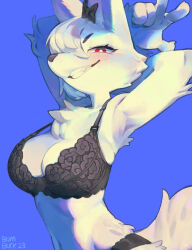 1girl 2023 absurdres animal_ears animal_nose armpits arms_behind_head arms_up artist_name bad_id bad_pixiv_id black_bow black_bra black_panties blue_background blush body_fur bow bra breasts bright_pupils burnbuckie chest_tuft cleavage fang fox_ears fox_girl fox_tail furry furry_female grin hair_bow hair_over_one_eye highres lace lace-trimmed_panties lace_bra lace_trim looking_at_viewer medium_breasts navel one_eye_covered open_mouth original panties red_eyes short_eyebrows simple_background smile snout solo strap_gap tail underwear upper_body w white_fur white_pupils