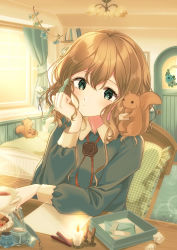 Rule 34 | 1girl, animal, animal on shoulder, arm rest, blue dress, blue eyes, box, brown hair, candle, chair, clock, cup, curtains, cushion, day, desk, door, dress, envelope, expressionless, flower, hair between eyes, hand on own face, head tilt, highres, holding, holding pen, indoors, inkwell, kompeitou (lemon garden), long sleeves, looking at viewer, medium hair, original, pen, rug, shelf, sitting, sleeve cuffs, solo, squirrel, symbol-only commentary, teacup, vase, wax, white flower, window, wooden floor