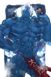 Rule 34 | 4boys, abs, arm up, bara, biceps, blonde hair, blue fur, blue hair, blue skin, chibi, clenched hands, cloud, cloudy sky, coat, colored skin, demon, demon boy, demon horns, demon wings, flexing, fundoshi, furry, furry male, gluteal fold, hand on headwear, hand on own hip, hat, highres, horns, japanese clothes, large pectorals, loincloth, loincloth lift, looking at another, looking at viewer, lying, lying on person, male underwear, manly, mature male, moon, multiple boys, muscular, muscular male, navel, night, night sky, nikism, no pants, on stomach, one eye covered, original, pectorals, shirt, sitting, sitting on person, sky, spiked hair, thick arms, thick thighs, thighs, topless, topless male, underwear, veins, veiny arms, white eyes, white shirt, wings, wolf boy