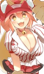 Rule 34 | 1girl, :3, absurdres, animal ear fluff, animal ears, animal hands, artist request, bell, blush, breasts, cat paws, cleavage, collar, dress, fang, fate/grand order, fate (series), fox ears, fox girl, fox tail, gloves, highres, huge filesize, jingle bell, large breasts, looking at viewer, lostroom outfit (fate), neck bell, official alternate costume, open mouth, paw gloves, pink hair, simple background, solo, tail, tamamo (fate), tamamo cat (fate), visor cap, white background, yellow eyes