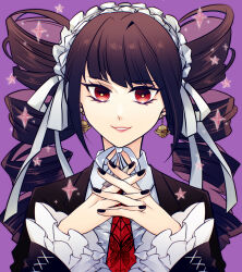 Rule 34 | 1girl, animal print, black jacket, black nails, butterfly print, celestia ludenberg, center frills, danganronpa: trigger happy havoc, danganronpa (series), drill hair, earrings, frills, headdress, highres, jacket, jewelry, long hair, nail polish, necktie, pink background, red eyes, red necktie, simple background, smile, solo, sugu0v0, teeth, twin drills, twintails