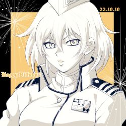 Rule 34 | 1girl, breasts, greyscale with colored background, hair between eyes, hat, looking at viewer, military, military uniform, mole, mole under eye, p baby blue, parted lips, portrait, reggie mackenzie, school uniform, short hair, smile, solo, uniform, yu-gi-oh!, yu-gi-oh! gx