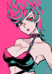 Rule 34 | 1girl, absurdres, aqua background, bare shoulders, breasts, choker, cleavage, collarbone, highres, jojo no kimyou na bouken, large breasts, limited palette, looking at viewer, pink background, pink eyes, pink hair, pink lips, samidare satsuki, shadow, short hair, signature, solo, trish una, two-tone background, upper body, vento aureo