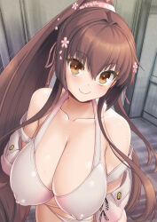 Rule 34 | 1girl, asaga aoi, bikini, breasts, brown eyes, brown hair, cleavage, closed mouth, collarbone, covered erect nipples, flower, hair between eyes, hair flower, hair ornament, hair ribbon, indoors, kantai collection, large breasts, long hair, looking at viewer, official alternate costume, pink ribbon, ponytail, puffy nipples, ribbon, smile, solo, sweat, swimsuit, white bikini, yamato (kancolle)