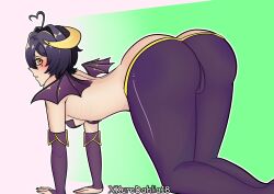 Rule 34 | 1girl, ahoge, all fours, ass, ass focus, backless outfit, bat wings, black hair, black nails, blush, cameltoe, covering nipples, covering privates, female focus, gloves, hair between eyes, highres, hiiragi utena, horns, jewelry, kurodahlia18, looking at viewer, looking back, magia baiser, magical girl, mahou shoujo ni akogarete, makeup, nails, pants, ring, short hair, solo, star-shaped pupils, star (symbol), suggestive pose, symbol-shaped pupils, thick thighs, thighs, tight clothes, tight pants, wings, yellow eyes