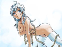 Rule 34 | 1girl, all fours, andromeda (p&amp;d), blue eyes, blue hair, blush, chain, covering privates, covering breasts, dark skin, dark-skinned female, ishiyumi, long hair, matching hair/eyes, nude, puzzle &amp; dragons, solo, sweatdrop, thighhighs
