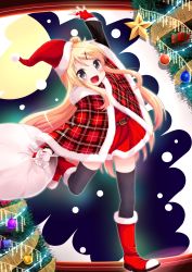 Rule 34 | 10s, 1girl, absurdres, bassa, belt, black thighhighs, blonde hair, blush, boots, christmas, christmas ornaments, christmas tree, commentary, fingerless gloves, fur-trimmed boots, fur trim, gloves, hair bun, hair ornament, hat, highres, kin-iro mosaic, knee boots, kujou karen, looking at viewer, open mouth, purple eyes, red footwear, red gloves, sack, santa boots, santa costume, santa hat, single hair bun, smile, solo, thighhighs, x hair ornament
