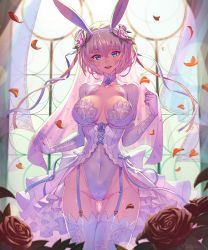 Rule 34 | 1girl, :d, animal ears, backlighting, blonde hair, blue ribbon, blurry, blurry foreground, blush, breasts, bridal veil, choker, cleavage, collarbone, curtains, day, depth of field, elbow gloves, etrian odyssey, fake animal ears, floral print, flower, frills, garter straps, gloves, gluteal fold, groin, hair flower, hair ornament, hairband, highleg, highleg leotard, highres, indoors, large breasts, leotard, looking at viewer, nose blush, open mouth, petals, phalanx (sekaiju), pink flower, pink rose, print thighhighs, rabbit ears, red flower, red rose, ribbon, rose, rose petals, rose print, sekaiju no meikyuu, sekaiju no meikyuu 3, short hair, smile, solo, standing, takamine nadare, thighhighs, transparent, veil, waist cape, white choker, white gloves, white hairband, white leotard, white thighhighs, window