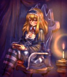 Rule 34 | 1girl, blonde hair, blush, bow (bhp), breasts, cleavage, dress, female focus, gothic lolita, handheld game console, indoors, large breasts, lolita fashion, long hair, original, playing games, red eyes, sitting, solo, striped clothes, striped thighhighs, thighhighs