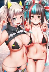 Rule 34 | 2girls, bikini, black hair, blue eyes, blue hair, breasts, cleavage, collarbone, commentary request, fang, fate (series), ginhaha, grey hair, hair ornament, hairclip, highres, kaguya luna, large breasts, long hair, looking at viewer, multicolored hair, multiple girls, nail polish, navel, open mouth, red hair, sailor collar, sei shounagon (fate), smile, swimsuit, the moon studio, torso grab, twintails, virtual youtuber, yellow eyes