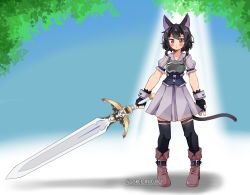 Rule 34 | 1girl, 1other, absurdres, alternate eye color, animal ears, ankle boots, armor, belt, belt boots, black belt, black fur, black gloves, black thighhighs, blurry, blurry background, blush, body armor, boots, breastplate, brown footwear, cat ears, cat girl, cat tail, chest armor, chest plate, commentary, cowboy boots, dot nose, dress, english commentary, fantasy, fingerless gloves, fran (tensei shitara ken deshita), full body, gloves, gradient background, grey dress, grey eyes, highres, holding, holding sword, holding weapon, huge sword, huge weapon, leaf, leather, leather belt, leather boots, looking at viewer, medium hair, puffy sleeves, shadow, shishou (tensei shitara ken deshita), short sleeves, sketchy guy01, standing, sword, tail, tensei shitara ken deshita, thighhighs, thighs, weapon, white background