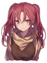 Rule 34 | 1girl, furrowed brow, highres, hijiri (resetter), looking at viewer, original, red hair, scarf, short hair, solo, vest, white background, yellow eyes