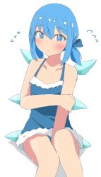 Rule 34 | 1girl, adapted costume, alternate hairstyle, blue dress, blue eyes, blue hair, blush, bow, cirno, dress, feet out of frame, flying sweatdrops, hair bow, highres, ice, ice wings, knees together feet apart, looking at viewer, mizune (winter), simple background, sitting, solo, touhou, white background, wings