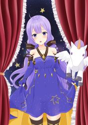 Rule 34 | 1girl, :d, absurdres, ahoge, azur lane, black thighhighs, commentary request, cosplay, curtains, dress, elbow gloves, fingerless gloves, gloves, hair tubes, highres, leaning to the side, long hair, looking at viewer, low twintails, night, night sky, open mouth, pegasus, purple dress, purple eyes, purple hair, shaketarako, sky, smile, star (sky), starry sky, thighhighs, twintails, unicorn, unicorn (azur lane), unicorn (little star songstress) (azur lane), vocaloid, vocanese, xingchen, xingchen (cosplay), zettai ryouiki