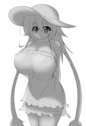 Rule 34 | 1girl, bare shoulders, breasts, curvy, dress, female focus, goshiro collection, hat, highres, huge breasts, long hair, long twintails, monochrome, moralgear, original, oshiro project:re, simple background, solo, standing, sundress, twintails, very long hair, white background