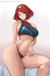 Rule 34 | 1girl, bikini, breasts, highres, kisou (kisou00), large breasts, looking at viewer, nintendo, pyra (xenoblade), red eyes, red hair, short hair, solo, swept bangs, swimsuit, xenoblade chronicles (series), xenoblade chronicles 2