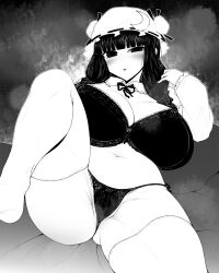 Rule 34 | 1girl, blunt bangs, blush, bra, breasts, cleavage, crescent, crescent hat ornament, greyscale, haseru (ginku mh), hat, hat ornament, huge breasts, lingerie, long hair, looking at viewer, mob cap, monochrome, open mouth, patchouli knowledge, sidelocks, solo, thighhighs, touhou, underwear