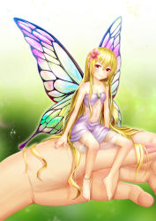 Rule 34 | 1girl, absurdly long hair, anklet, arms at sides, bare shoulders, barefoot, blonde hair, blush, brooch, butterfly wings, center opening, dress, fairy, fingernails, flower, foot dangle, full body, green background, hair flower, hair ornament, head tilt, highres, insect wings, jewelry, legs, long hair, looking at viewer, mini person, minigirl, nail polish, navel, original, out of frame, pink nails, pointy ears, purple dress, red eyes, sitting, smile, solo focus, strapless, strapless dress, toenail polish, toenails, very long hair, vvsl, wings