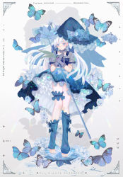 Rule 34 | 1girl, asymmetrical legwear, bad id, bad pixiv id, barefoot, blue butterfly, blue dress, blue eyes, blue hat, blue legwear, blue nails, blush, border, bug, butterfly, butterfly earrings, commentary, dress, earrings, english text, flower request, frilled dress, frilled hat, frills, full body, gloves, grey gloves, hat, highres, holding, holding staff, iceblue, insect, jewelry, long hair, mismatched legwear, nail polish, original, short sleeves, solo, staff, white hair, witch hat