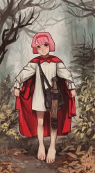 Rule 34 | 1girl, barefoot, bob cut, bow, bowtie, cape, closed mouth, dress, finger to mouth, forest, gladius, highres, long sleeves, looking at viewer, mossacannibalis, nature, original, pink hair, red bow, red bowtie, red cape, red eyes, sheath, sheathed, short dress, shushing, smile, solo, sword, toenails, toes, weapon, white dress