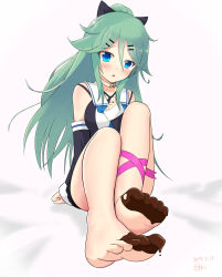 Rule 34 | 10s, 1girl, aqua eyes, arm support, barefoot, blue hair, blush, chocolate, chocolate on foot, choker, feet, foot focus, highres, kantai collection, leg ribbon, long hair, looking at viewer, pov, ribbon, soles, toes, valentine, yamakaze (kancolle)