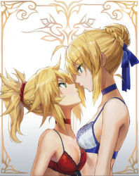 Rule 34 | &gt;:o, 2girls, :o, ahoge, alternate costume, aqua eyes, arm at side, artoria pendragon (all), artoria pendragon (fate), bare arms, blonde hair, blue bra, blue choker, blue ribbon, blush, bra, braid, braided bun, breasts, choker, commentary request, couple, crown braid, expressionless, eye contact, eyes visible through hair, face-to-face, fate/apocrypha, fate/grand order, fate/stay night, fate (series), female focus, french braid, from side, gradient background, green eyes, hair between eyes, hair bun, hair ornament, hair ribbon, hair scrunchie, height difference, imminent kiss, incest, lips, looking at another, medium breasts, mordred (fate), mordred (fate/apocrypha), mother and daughter, multiple girls, neck, open mouth, ponytail, red bra, red choker, red scrunchie, ribbon, saber (fate), scrunchie, serious, short hair, sidelocks, single hair bun, small breasts, tonee, type-moon, underwear, underwear only, upper body, white bra, yuri
