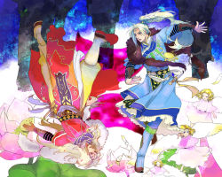 Rule 34 | 2boys, 3girls, angel, angel wings, arm guards, blonde hair, blue (saga frontier), blue eyes, blue footwear, boots, bracer, closed eyes, dagger, dress, expressionless, flower, frills, full body, fur, ground cherry, jewelry, knee boots, knife, long hair, male focus, multiple boys, multiple girls, necklace, oitsukenai, outstretched arm, parted lips, pink dress, pink flower, ponytail, red footwear, ring, robe, rouge (saga frontier), saga, saga frontier, scarf, sheath, sheathed, shoes, siblings, tabard, twins, upside-down, weapon, white hair, wide sleeves, wings