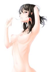 Rule 34 | .co, 1girl, black hair, breasts, groin, hair tubes, hakurei reimu, highres, lips, looking at viewer, midriff, mouth hold, navel, nipples, perky breasts, small breasts, solo, touhou