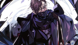 Rule 34 | 1boy, absurdres, black gloves, black kimono, black scarf, brown hair, chest guard, confetti, eeju, fate/grand order, fate (series), gloves, hair over one eye, hair pulled back, hand up, highres, japanese clothes, kimono, looking at viewer, male focus, mask, mouth mask, purple eyes, scarf, short hair, solo, upper body, white background, yamanami keisuke (fate)