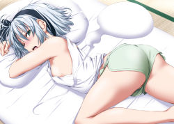 Rule 34 | 1girl, ass, bare arms, bare legs, bare shoulders, barefoot, black hairband, black ribbon, blush, breasts, commentary request, dolphin shorts, green eyes, green shorts, gym shorts, hair ribbon, hairband, highres, hitodama, konpaku youmu, konpaku youmu (ghost), looking at viewer, lying, nori tamago, nose blush, open mouth, pillow, ribbon, short hair, short shorts, shorts, sideboob, sidelocks, silver hair, simple background, small breasts, solo, tank top, tatami, touhou, upshorts, white background